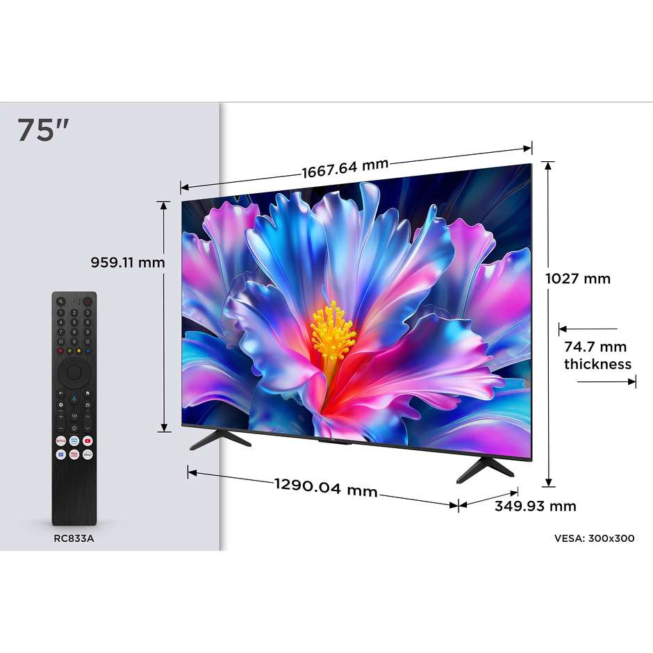 TCL 75P6L TV 75" 4K QLED Google TV HDR10 Nero ```